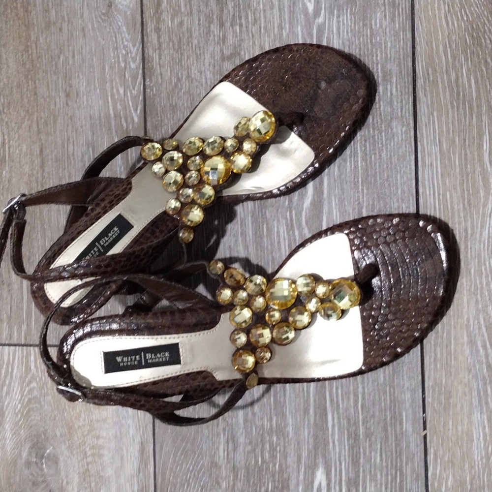 White House Black Market brown leather python print sandals. Size 8.5. mint - Picture 1 of 12